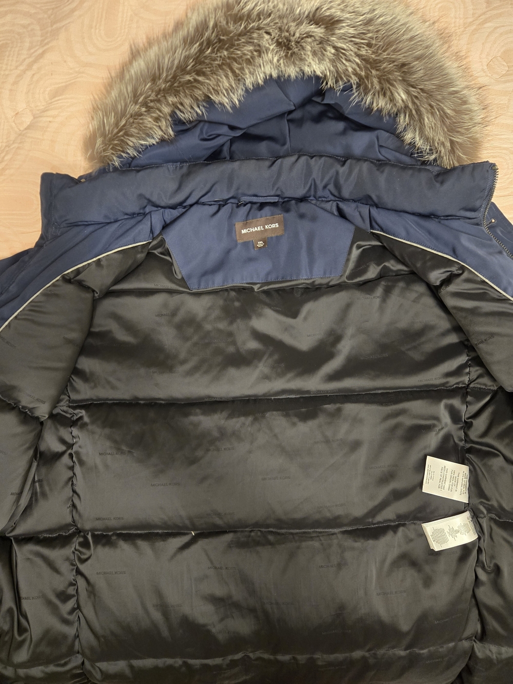 Michael Kors Navy Men’s Quilted Puffer Jacket with Faux Fur Trim Hood